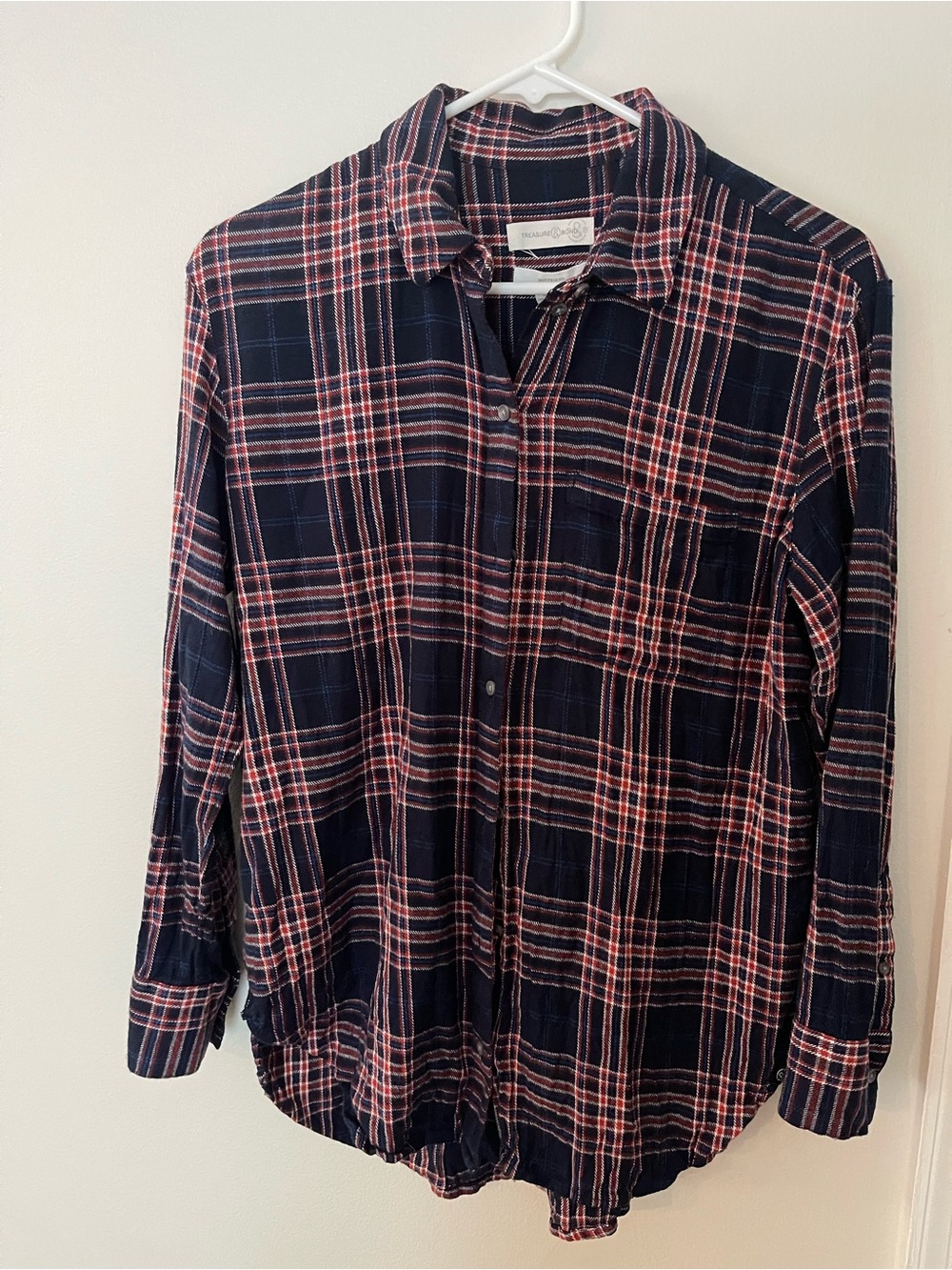 Treasure & Bond Navy and Pink Plaid Button-Down Shirt